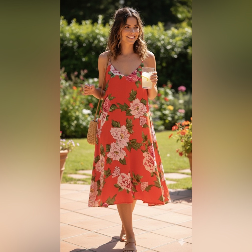 Peach Love California Red Floral Dress small red and pink floral